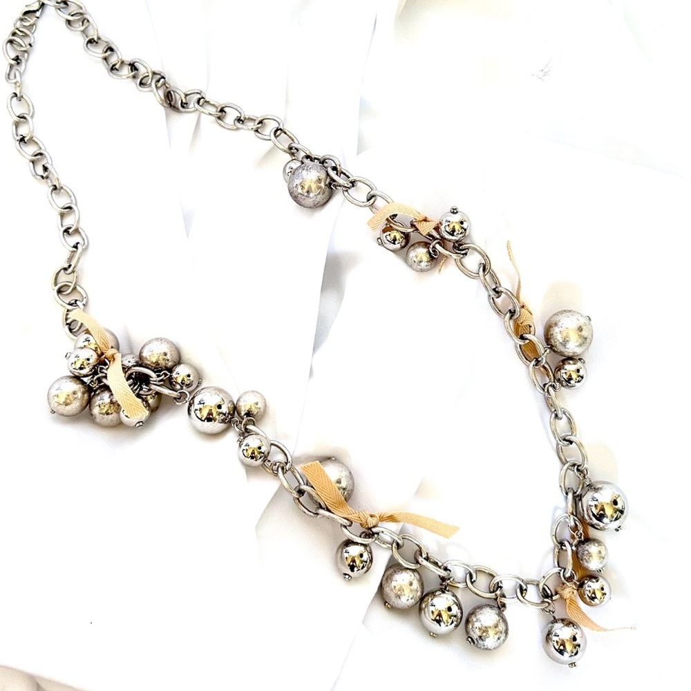LOFT Long Silver Bauble Necklace w Tan Hemp Ties NWT​